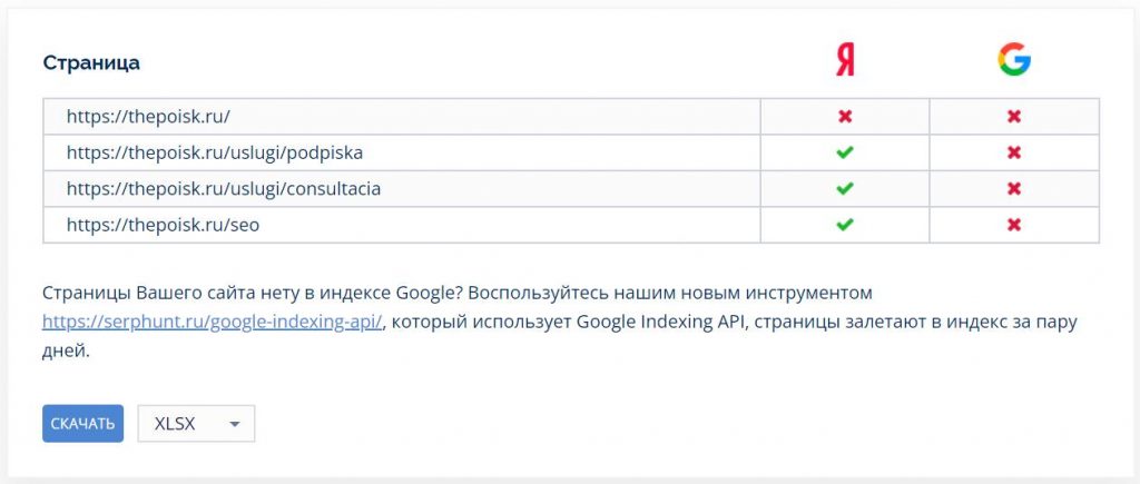 Бесплатная проверка индексации через сервис Serphunt